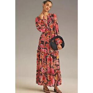 Farm Rio x Anthropologie Pink Tropical Floral Maxi Dress Long Sleeve XS